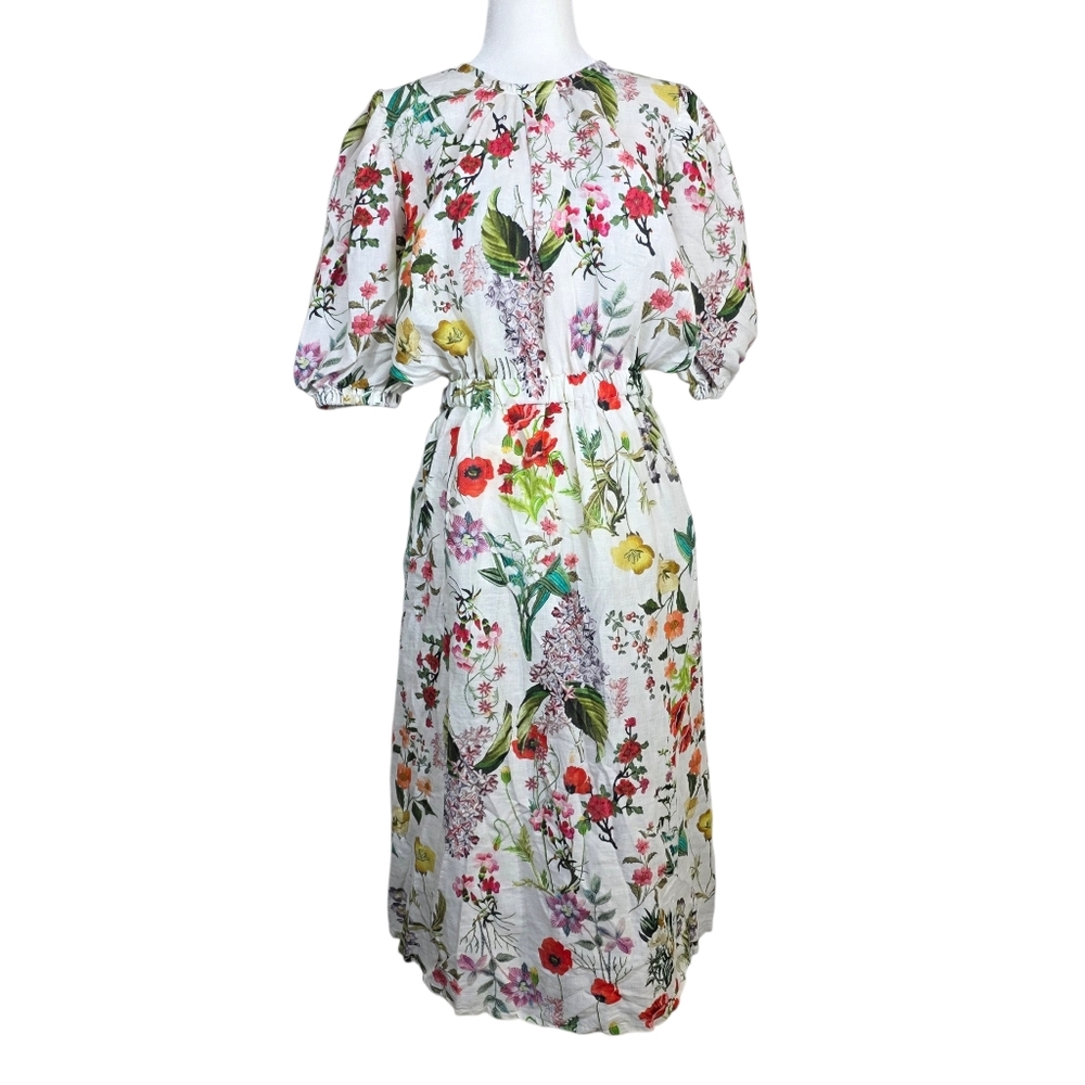 Floral Puff-Sleeve White Midi Dress
